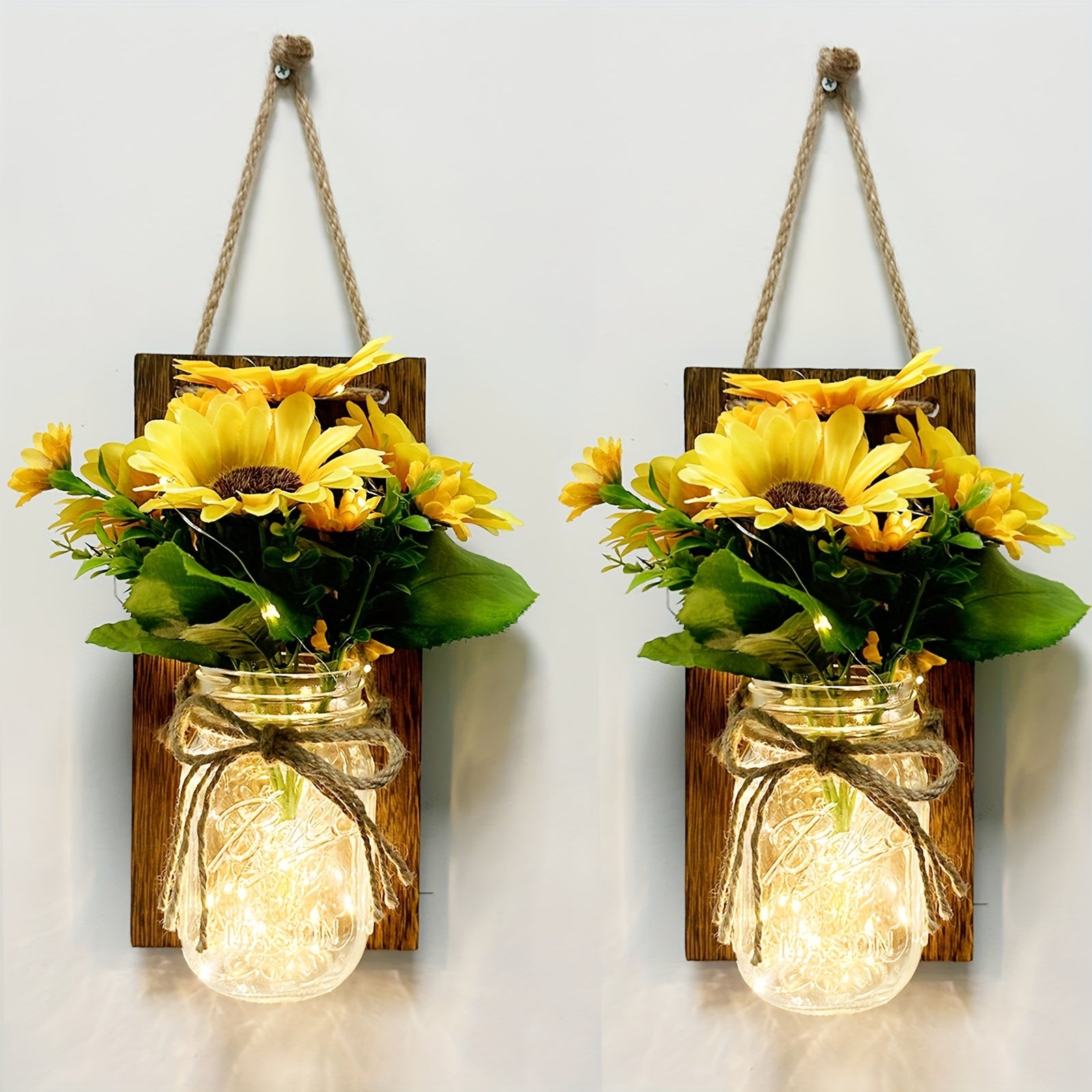 Set of 2 Mason Jar Wall Lights, Festive Mood Lighting, Artisan Hanging Wall Light, Ornamental Wall Lamp, Crafted Sunflower And Peony Wall Light, Handcrafted Decorative Wall Fixture