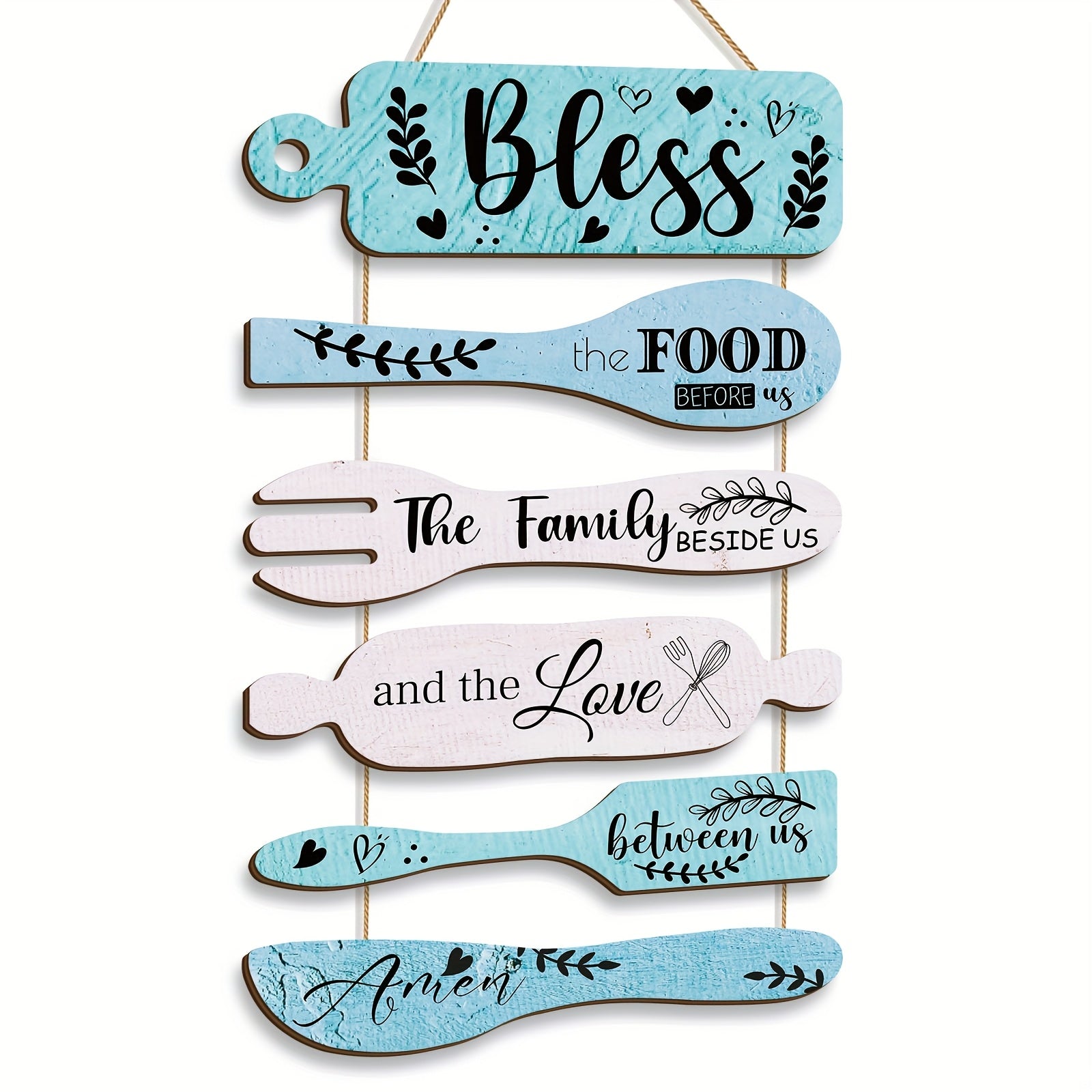 Bless The Food Before Us Farmhouse Kitchen Wall Decor Wood Board Set - Dining Room Decor Hanging Wall Art, Simple Rustic Style - Wood 6 Pieces Rope Plaque Sign