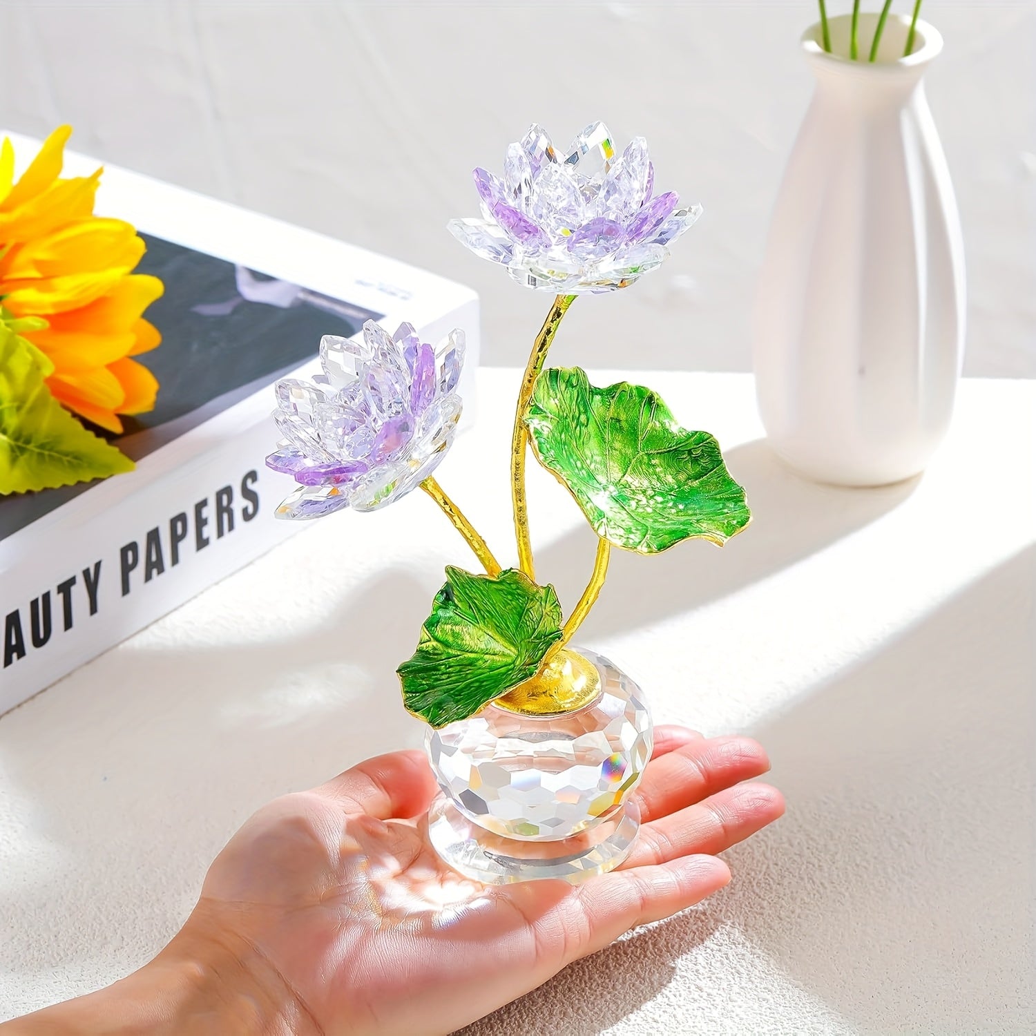 Handmade Crystal for Lotus Flower with Vase Collectible Figurine - Realistic Blooming for Lotus & Vase, Elegant \u002F Decor Suitable for Women Mom on Birthday Christmas Mother's Day Gift