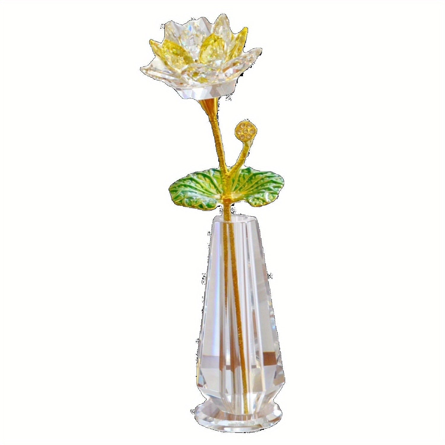 Elegant Crystal for Lotus Vase with Golden Leaf Base - Perfect for Home & Dining Cabinet Decor, Ideal Housewarming Gift, Couple'S Anniversary Present, Indoor\u002FOutdoor Use, No Electricity Needed, for Lotus Flower Decor