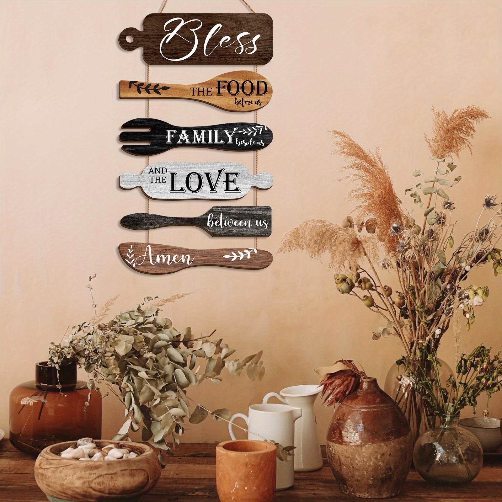 Bless The Food Before Us Farmhouse Kitchen Wall Decor Wood Board Set - Dining Room Decor Hanging Wall Art, Simple Rustic Style - Wood 6 Pieces Rope Plaque Sign