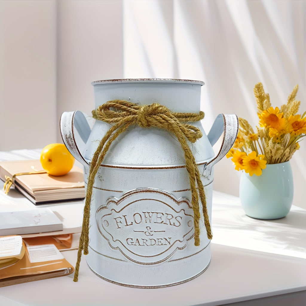 1pc Vintage Metal Pitcher Vase - Rustic Farmhouse Decor with Enamel Finish & Twine Bow, Floral Garden Design, Distressed Finish, No Electricity Needed, Ideal for Home Dining Table Centerpiece, Kitchen Storage, Rustic Home Decor, Farmhouse Rustic Decor