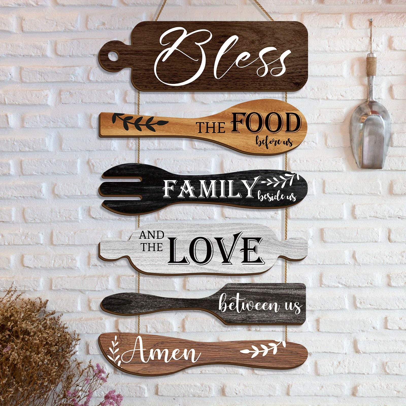 Bless The Food Before Us Farmhouse Kitchen Wall Decor Wood Board Set - Dining Room Decor Hanging Wall Art, Simple Rustic Style - Wood 6 Pieces Rope Plaque Sign