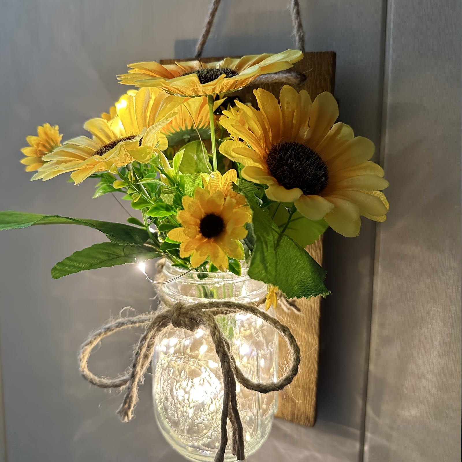 Set of 2 Mason Jar Wall Lights, Festive Mood Lighting, Artisan Hanging Wall Light, Ornamental Wall Lamp, Crafted Sunflower And Peony Wall Light, Handcrafted Decorative Wall Fixture