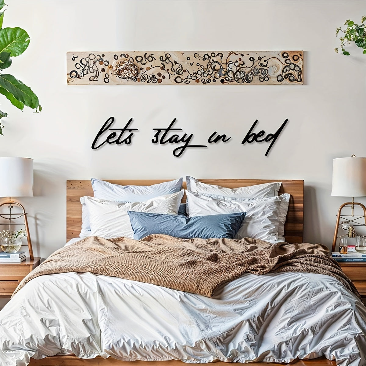 4pcs Let's Stay In Bed Metal Wall Art - Minimalist Bed Sign Suitable for Christmas Decorations, Cozy Bedroom & Living Room Decor, Holiday Gifts