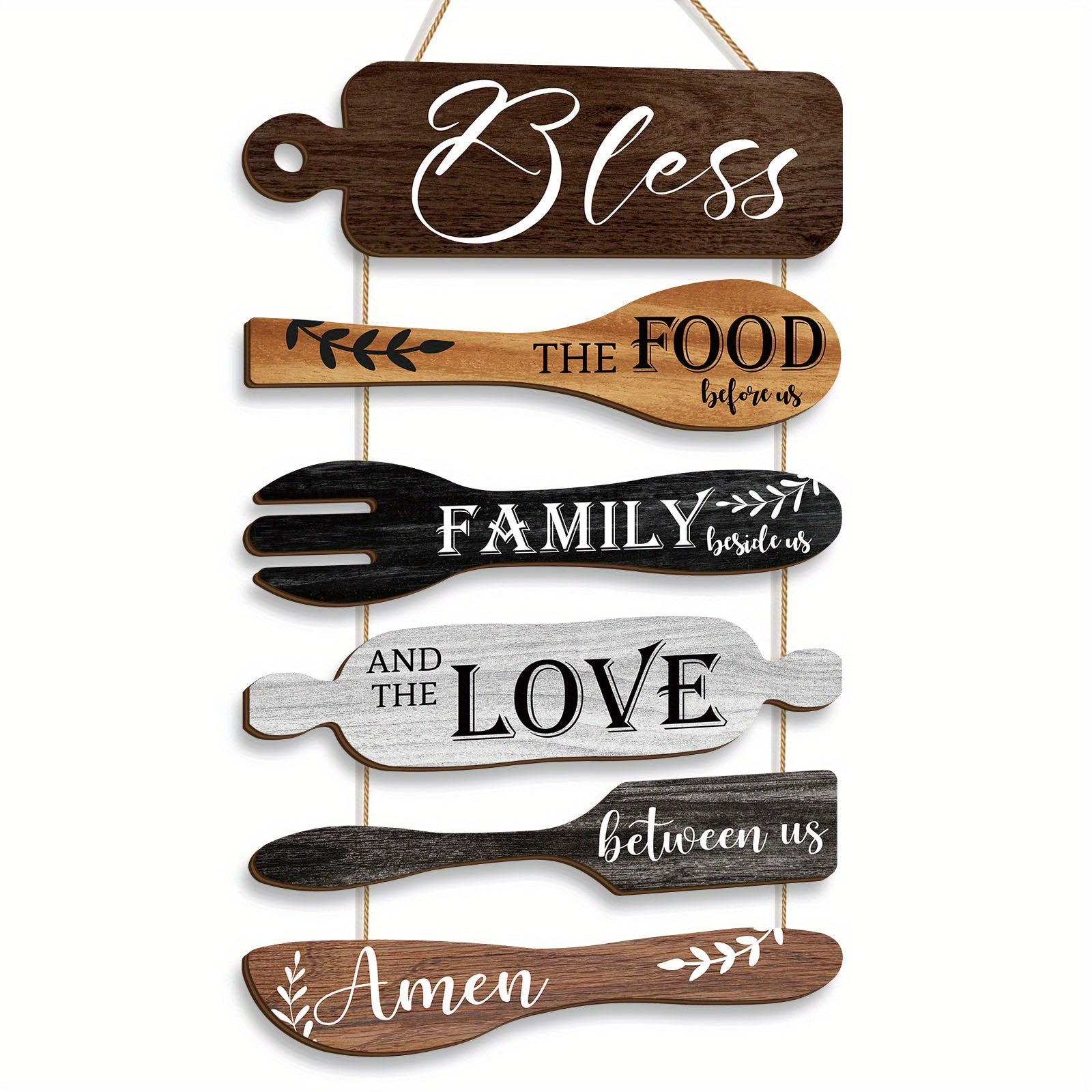 Bless The Food Before Us Farmhouse Kitchen Wall Decor Wood Board Set - Dining Room Decor Hanging Wall Art, Simple Rustic Style - Wood 6 Pieces Rope Plaque Sign