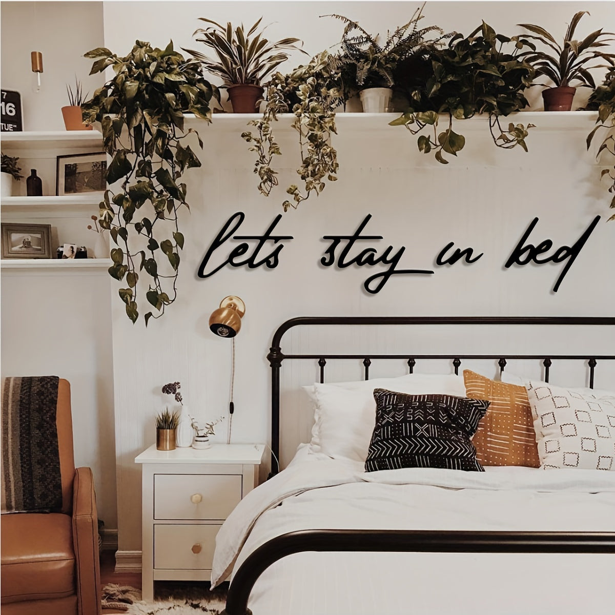 4pcs Let's Stay In Bed Metal Wall Art - Minimalist Bed Sign Suitable for Christmas Decorations, Cozy Bedroom & Living Room Decor, Holiday Gifts