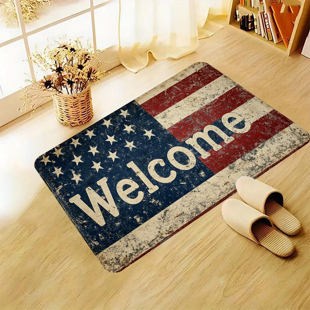 A Single Modern Carpet Doormat Featuring an American Flag Design, Suitable for Indoor Use in Bedrooms, Living Rooms, And Kitchens, Perfect for Holiday Decorations Like Father'S Day And Independence Day