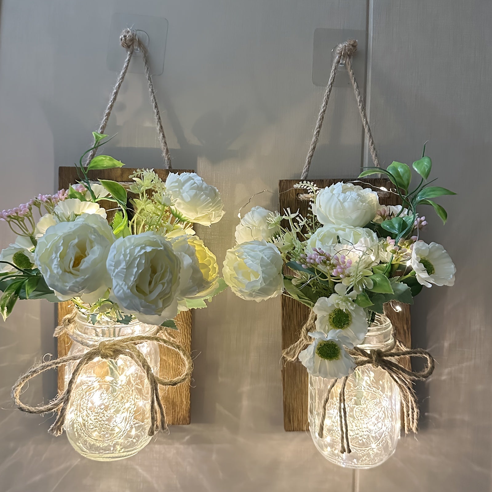 Set of 2 Mason Jar Wall Lights, Festive Mood Lighting, Artisan Hanging Wall Light, Ornamental Wall Lamp, Crafted Sunflower And Peony Wall Light, Handcrafted Decorative Wall Fixture