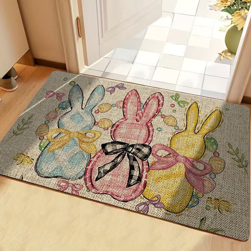 1pc Easter Bunny and Easter Egg Pattern Flannel Carpet | Antislip, Soft, Comfortable, Easy to Clean, Suitable for Bedroom, Living Room, Dining Room, Kitchen, Bathroom, and Entrance, Machine Made by HANCHEN