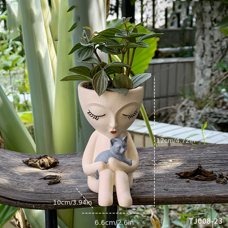 1pc White Resin Girl Holding Cat Statue Planter - Figurine Vase for Succulent Plants, \u002FOutdoor Decor, Unfinished Resin Pot for easy Assembly (Compatible with Succulent Roots)