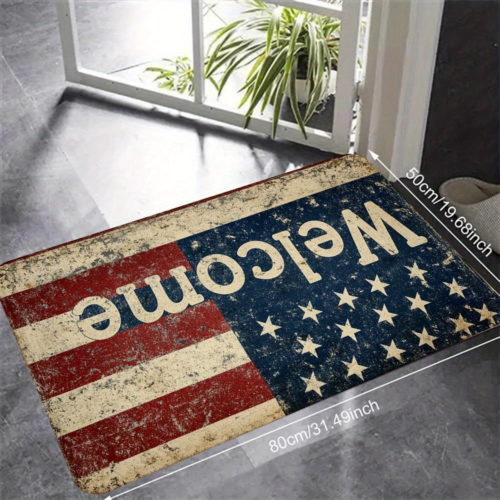 A Single Modern Carpet Doormat Featuring an American Flag Design, Suitable for Indoor Use in Bedrooms, Living Rooms, And Kitchens, Perfect for Holiday Decorations Like Father'S Day And Independence Day