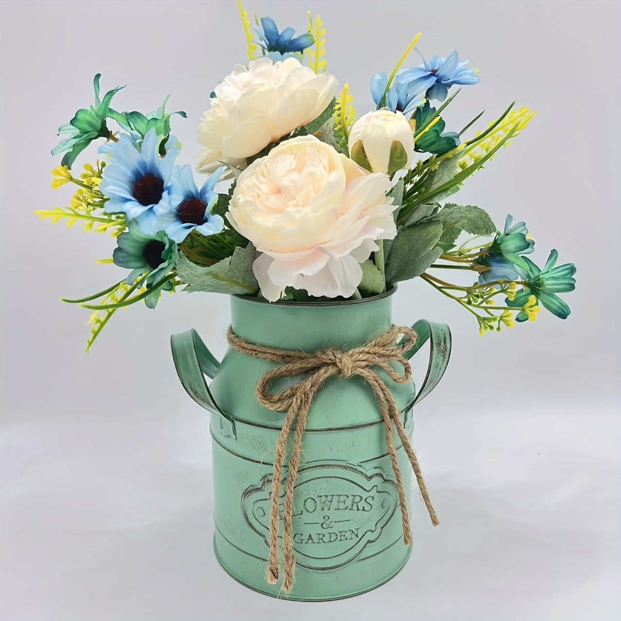 1pc Vintage Metal Pitcher Vase - Rustic Farmhouse Decor with Enamel Finish & Twine Bow, Floral Garden Design, Distressed Finish, No Electricity Needed, Ideal for Home Dining Table Centerpiece, Kitchen Storage, Rustic Home Decor, Farmhouse Rustic Decor