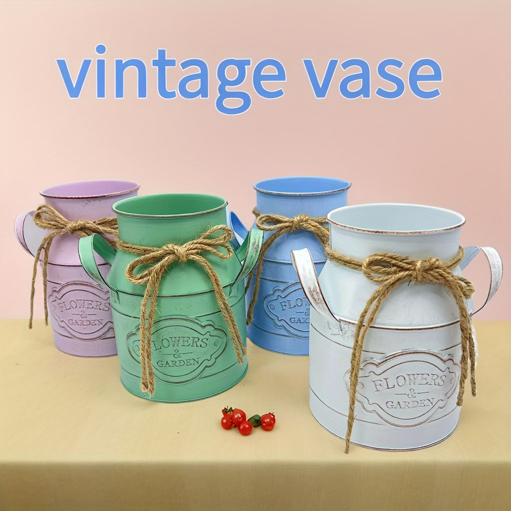 1pc Vintage Metal Pitcher Vase - Rustic Farmhouse Decor with Enamel Finish & Twine Bow, Floral Garden Design, Distressed Finish, No Electricity Needed, Ideal for Home Dining Table Centerpiece, Kitchen Storage, Rustic Home Decor, Farmhouse Rustic Decor
