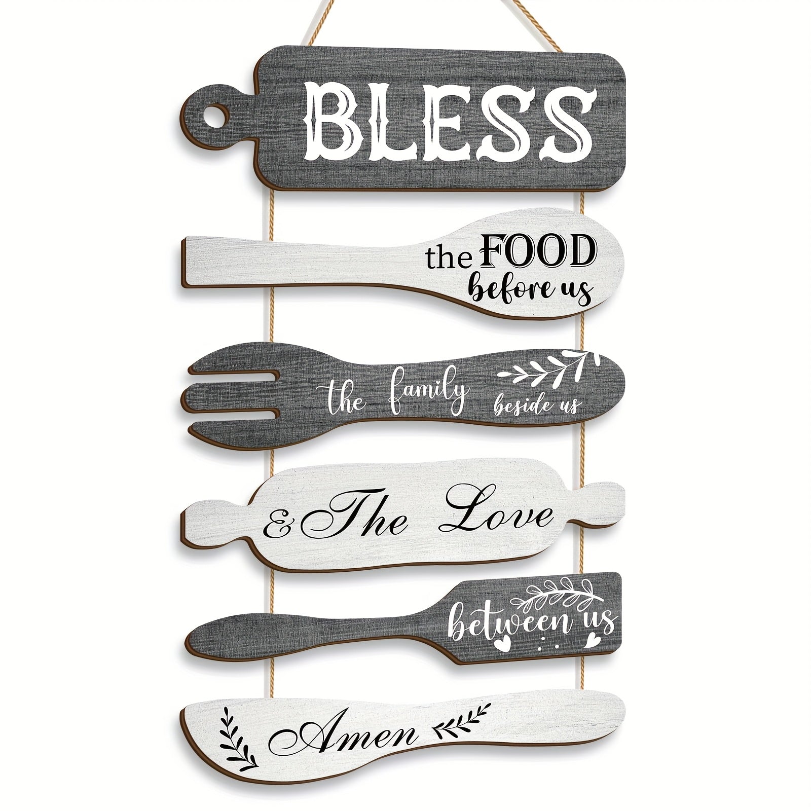 Bless The Food Before Us Farmhouse Kitchen Wall Decor Wood Board Set - Dining Room Decor Hanging Wall Art, Simple Rustic Style - Wood 6 Pieces Rope Plaque Sign