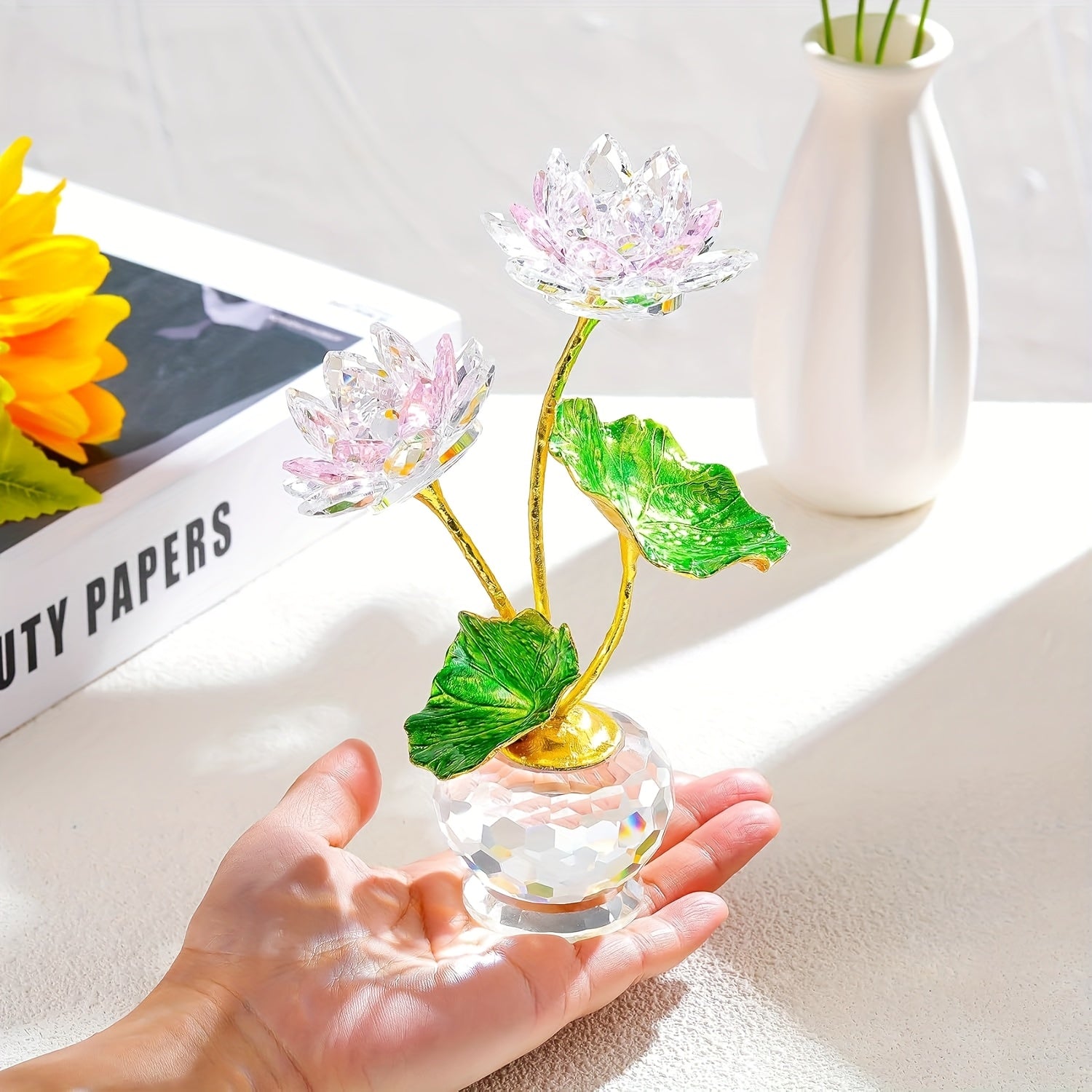 Handmade Crystal for Lotus Flower with Vase Collectible Figurine - Realistic Blooming for Lotus & Vase, Elegant \u002F Decor Suitable for Women Mom on Birthday Christmas Mother's Day Gift