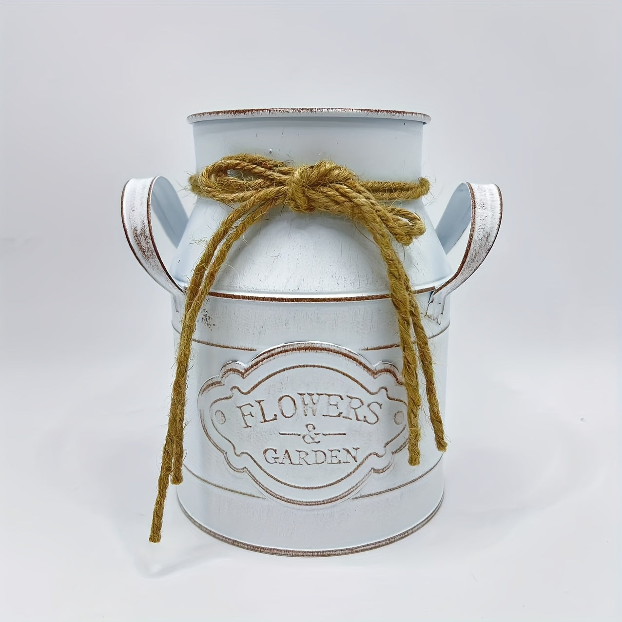 1pc Vintage Metal Pitcher Vase - Rustic Farmhouse Decor with Enamel Finish & Twine Bow, Floral Garden Design, Distressed Finish, No Electricity Needed, Ideal for Home Dining Table Centerpiece, Kitchen Storage, Rustic Home Decor, Farmhouse Rustic Decor