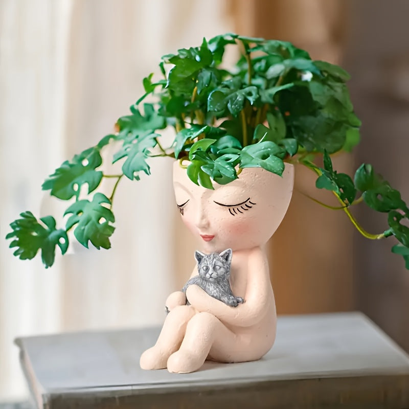 1pc White Resin Girl Holding Cat Statue Planter - Figurine Vase for Succulent Plants, \u002FOutdoor Decor, Unfinished Resin Pot for easy Assembly (Compatible with Succulent Roots)