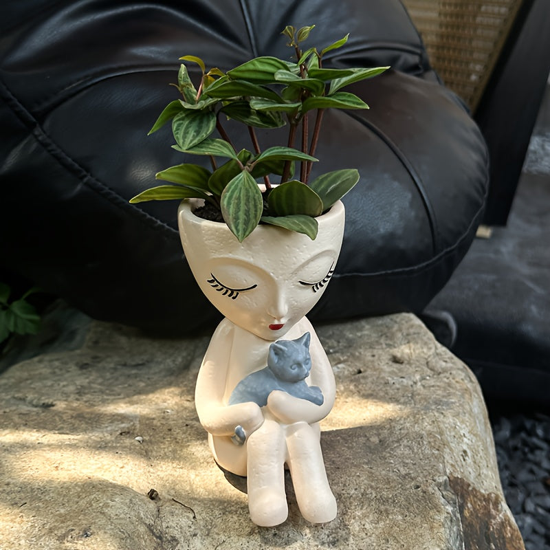 1pc White Resin Girl Holding Cat Statue Planter - Figurine Vase for Succulent Plants, \u002FOutdoor Decor, Unfinished Resin Pot for easy Assembly (Compatible with Succulent Roots)