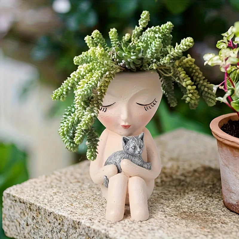 1pc White Resin Girl Holding Cat Statue Planter - Figurine Vase for Succulent Plants, \u002FOutdoor Decor, Unfinished Resin Pot for easy Assembly (Compatible with Succulent Roots)