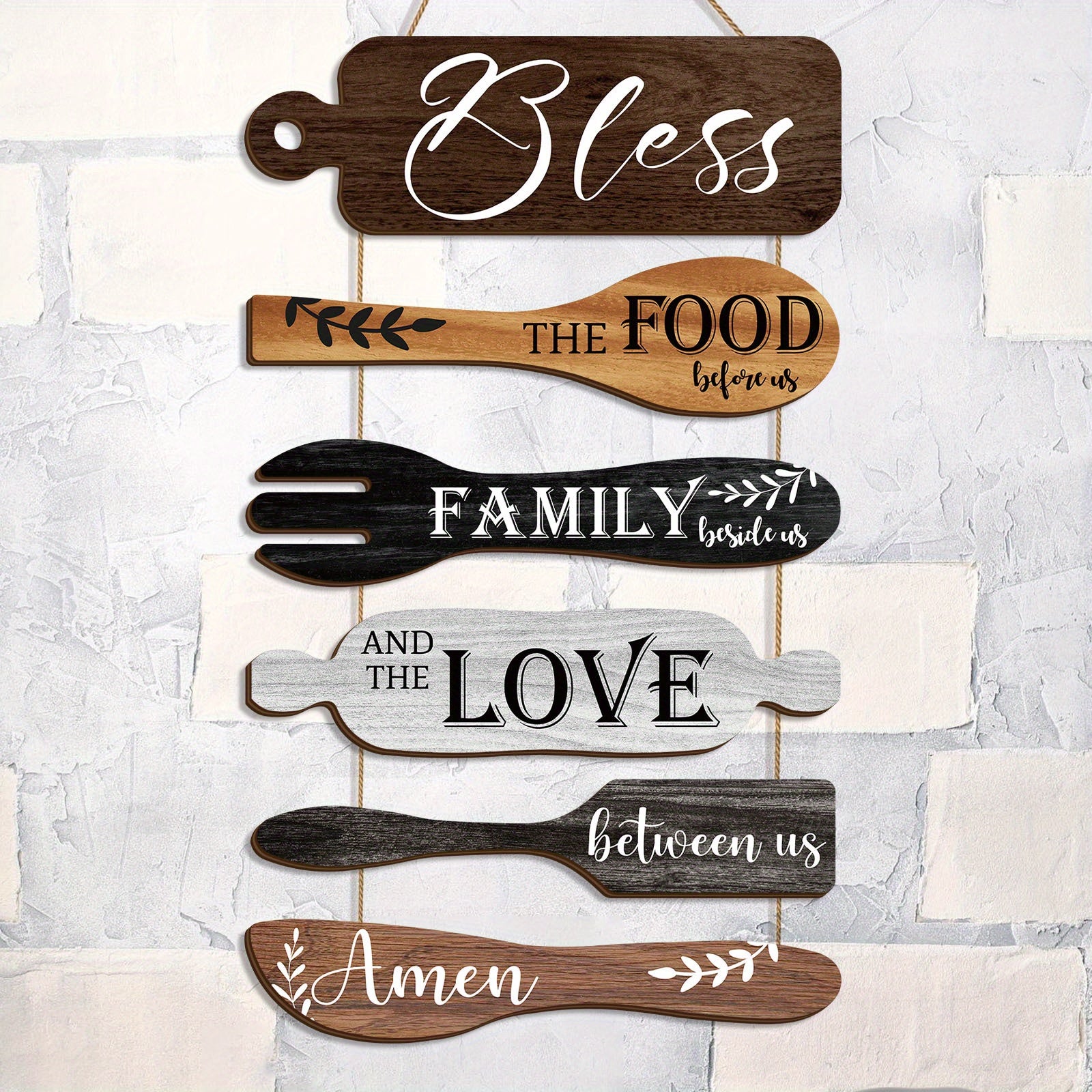 Bless The Food Before Us Farmhouse Kitchen Wall Decor Wood Board Set - Dining Room Decor Hanging Wall Art, Simple Rustic Style - Wood 6 Pieces Rope Plaque Sign