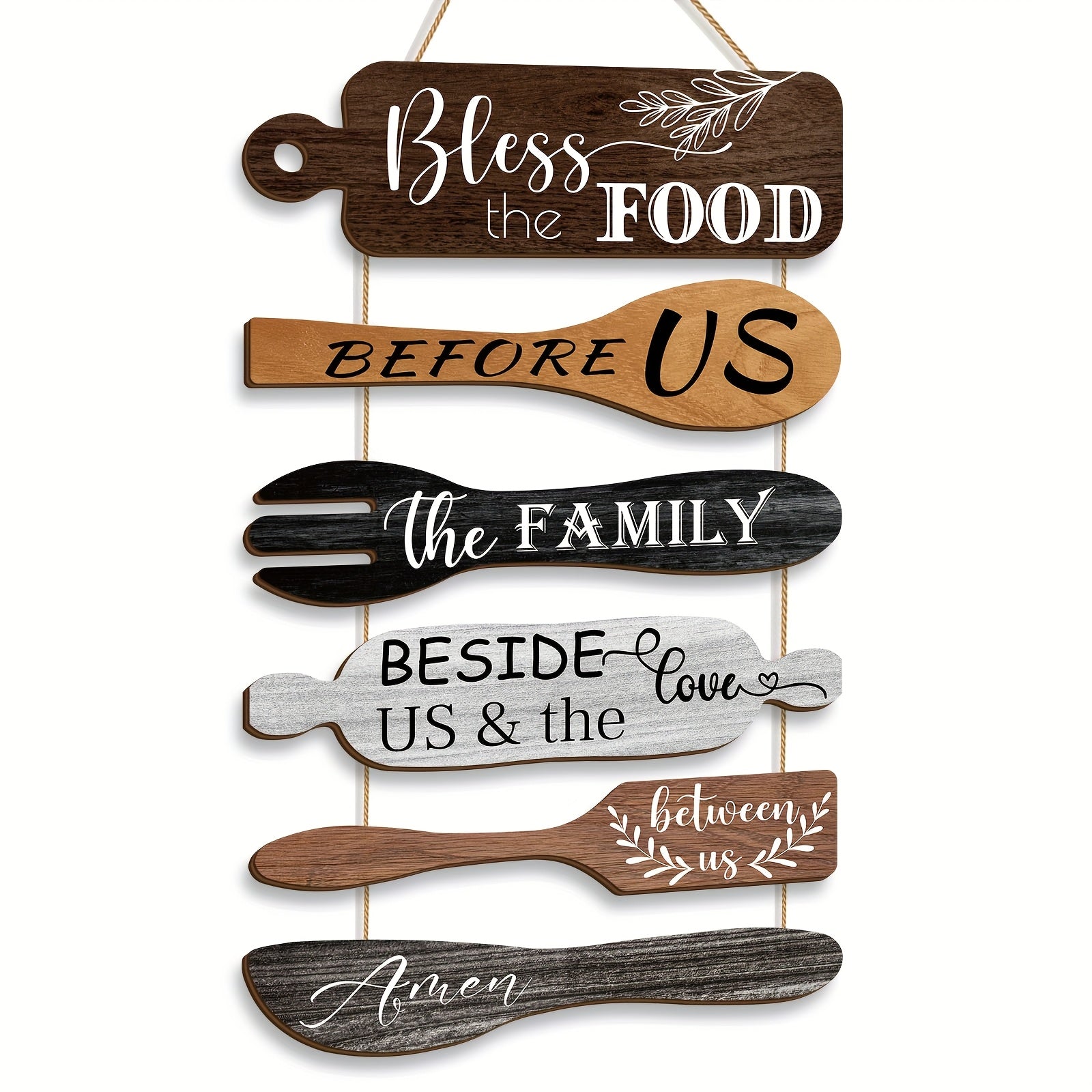 Bless The Food Before Us Farmhouse Kitchen Wall Decor Wood Board Set - Dining Room Decor Hanging Wall Art, Simple Rustic Style - Wood 6 Pieces Rope Plaque Sign