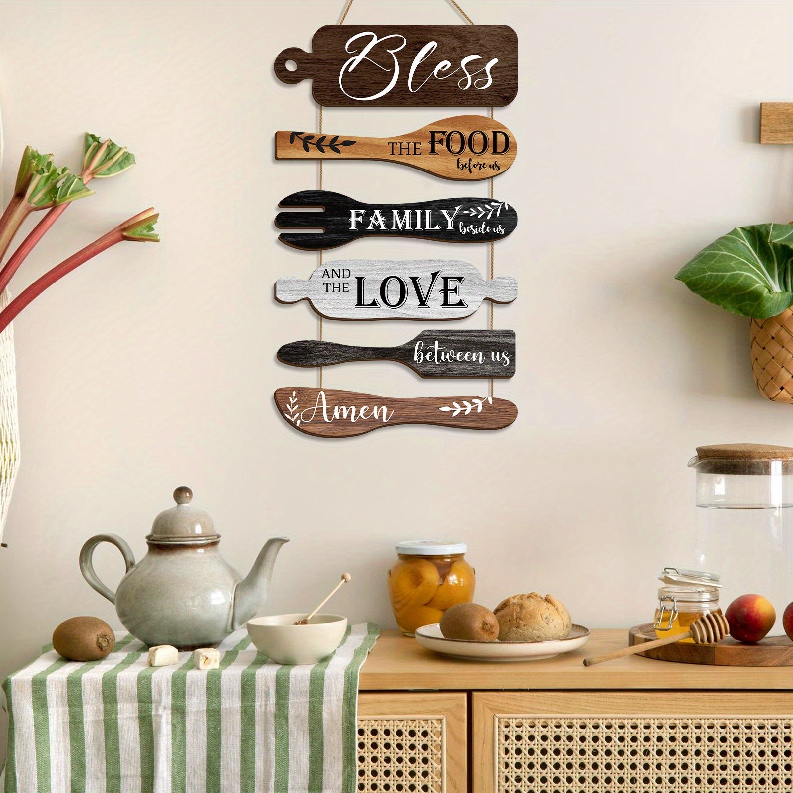 Bless The Food Before Us Farmhouse Kitchen Wall Decor Wood Board Set - Dining Room Decor Hanging Wall Art, Simple Rustic Style - Wood 6 Pieces Rope Plaque Sign
