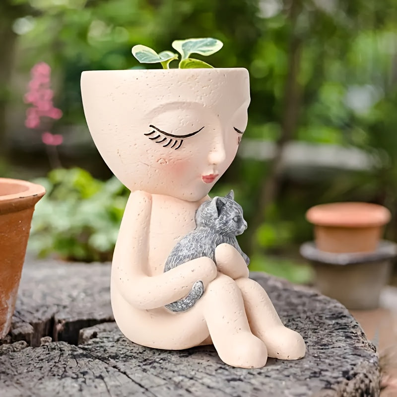 1pc White Resin Girl Holding Cat Statue Planter - Figurine Vase for Succulent Plants, \u002FOutdoor Decor, Unfinished Resin Pot for easy Assembly (Compatible with Succulent Roots)